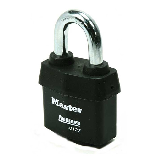 Master Lock Pro Series Weather Tough Padlock Covered Laminated Steel, Rekeyable 5-Pin, Keyed Different, Body Width: 2-5/8" (67Mm), Shackle Length: 1-3/8" (35Mm), Shackle Width: 7/8" (22Mm), Shackle Diameter: 7/16" (11Mm), Black Master Lock Pro Series Weather Tough Padlock Covered Laminated Steel, Rekeyable 5-Pin, Keyed Different, Body Width: 2-5/8" (67Mm), Shackle Length: 1-3/8" (35Mm), Shackle Width: 7/8" (22Mm), Shackle Diameter: 7/16" (11Mm), Black