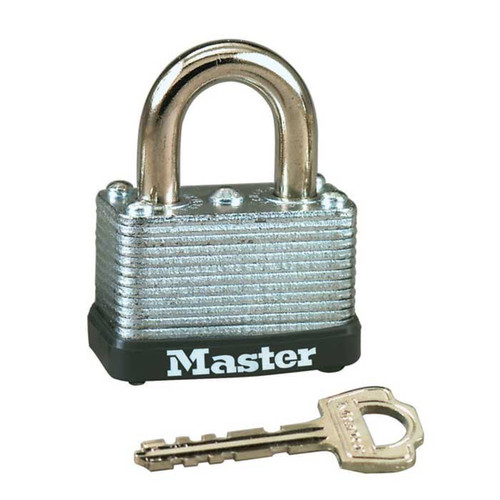 Master Lock Warded Padlock Laminated Steel, Keyed Different, Body Width: 1-1/2" (38Mm), Shackle Length: 5/8" (16Mm), Shackle Width: 9/16" (14Mm), Shackle Diameter: 1/4" (6Mm)