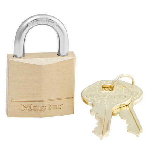 Master Lock Solid Body Padlock Brass, 4-Pin Tumbler, Keyed Different, Width: 1-3/16" (30mm), Shackle Length: 5/8" (16mm), Shackle Width: 9/16" (14mm), Shackle Diameter: 3/16" (5mm)