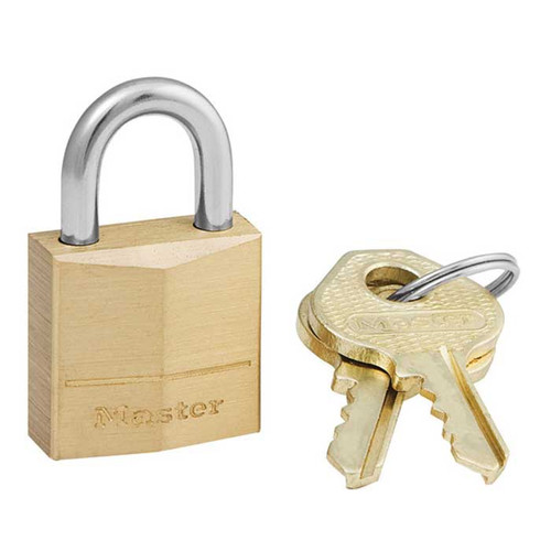 Master Lock Solid Body Padlock Brass, 3-Pin Tumbler, Keyed Different, Width: 3/4" (19mm), Shackle Length: 7/16" (11mm), Shackle Width: 3/8" (10mm), Shackle Diameter: 5/32" (4mm)