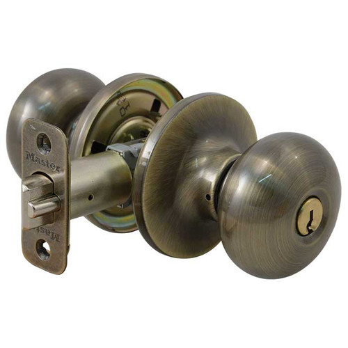 Master Lock BC01 Biscuit Knob Entry Lockset Grade 3, Keyed, WR5 Keyway, Keyed Alike in Groups of 4, 6-Way Latch, Antique Brass