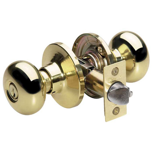 Master Lock Biscuit Knob Entry Lockset Grade 3, Keyed, Sc1 Keyway, 6-Way Latch, Bright Polished Brass Master Lock Biscuit Knob Entry Lockset Grade 3, Keyed, Sc1 Keyway, 6-Way Latch, Bright Polished Brass