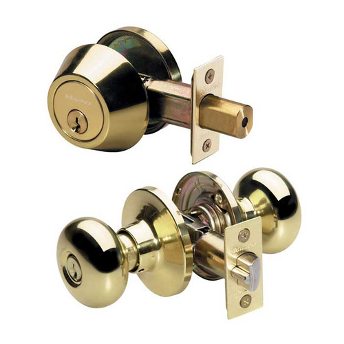 Master Lock Biscuit Knob Entry & Deadbolt Combo Grade 3, Keyed And, Sc1 Keyway, 6-Way Latch, 4-Way, Bright Polished Brass