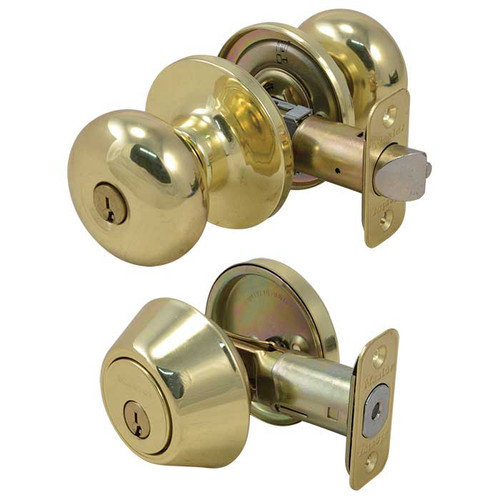 Master Lock BCC06 Biscuit Knob Entry & Deadbolt Combo Grade 3, Keyed, KW1 Keyway, Keyed Alike in Groups of 4, 6-Way Latch, 4-Way, Bright Polished Brass