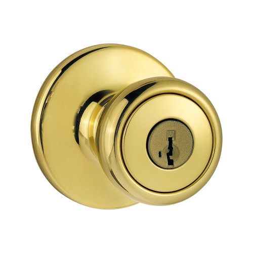 Kwikset Tylo Keyed Entry Knob Smartkey With 6-Way Adjustable Latch And Round Corner Strike, Bright Polished Brass