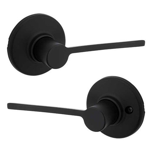 Kwikset Ladera Passage Lever With Round Rose, 6-Way Adjustable Latch And Round Corner Strike, Matte Black