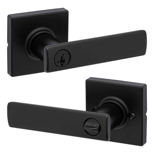 Kwikset Breton Keyed Entry Lever Smartkey With Square Rose, 6-Way Adjustable Latch And Round Corner Strike, Matte Black