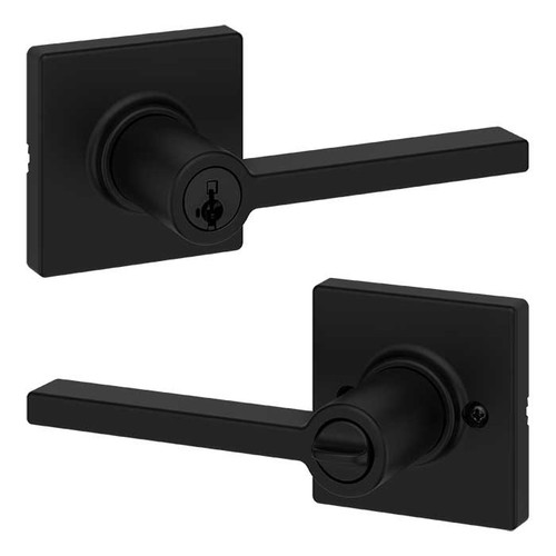 Kwikset Casey Keyed Entry Lever Smartkey With Square Rose, 6-Way Adjustable Latch And Round Corner Strike, Matte Black