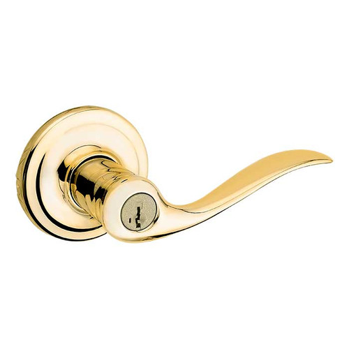 Kwikset Tustin Keyed Entry Lever Smartkey With 6-Way Adjustable Latch And Round Corner Strike, Bright Polished Brass