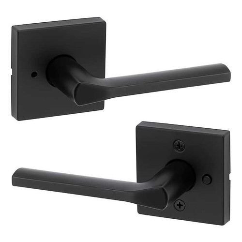 Kwikset Lisbon Privacy Lever, Square Rose With 6-Way Adjustable Latch And Round Corner Strike, Matte Black