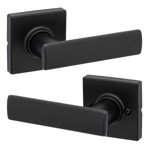 Kwikset Breton Passage Lever With Square Rose, 6-Way Adjustable Latch And Round Corner Strike, Matte Black