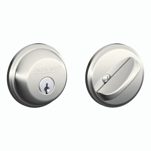 Schlage Residential B60 Deadbolt Single Cylinder, Dual Option Latch, Adjustable Backset, 1-1/8" X 2-3/4" Round Corner Strike, Bright Polished Nickel