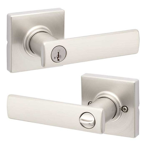 Kwikset Breton Keyed Entry Lever Smartkey With Square Rose, 6-Way Adjustable Latch And Round Corner Strike, Satin Nickel