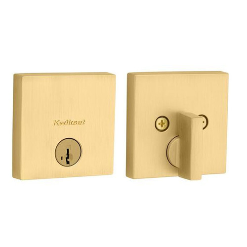 Kwikset Downtown Single Cylinder Deadbolt, -Square Rose, Smartkey, 6-Way Adjustable Latch, Round And Square Corner Strikes, Keyed Alike, Satin Brass