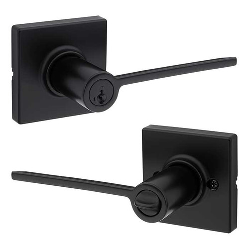 Kwikset Ladera Keyed Entry Lever Smartkey With Square Rose, 6-Way Adjustable Latch And Round Corner Strike, Matte Black