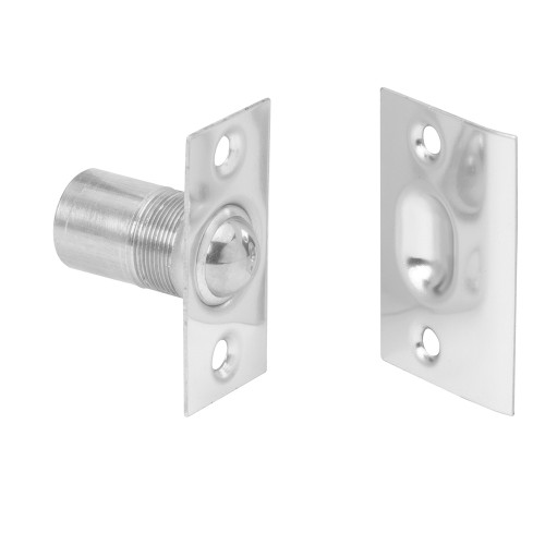 Ives Dual Adjustable Ball Catch-Square Corners Threaded Barrel With Strike, 1" Wide X 2-1/8" High Face Plate, Wrought, Satin Brass