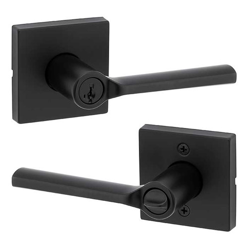 Kwikset Lisbon Keyed Entry Lever Smartkey, Square Rose With 6-Way Adjustable Latch And Round Corner Strike, Matte Black
