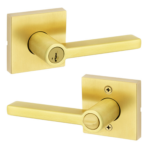 Kwikset Halifax Keyed Entry Lever Smartkey, Square Rose With 6-Way Adjustable Latch And Round Corner Strike, Satin Brass