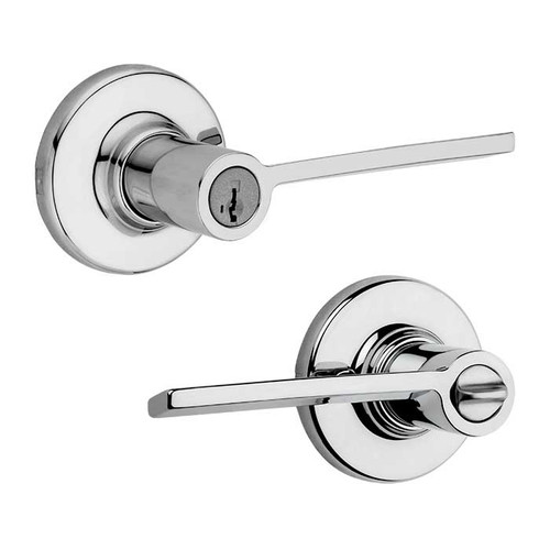 Kwikset Ladera Keyed Entry Lever Smartkey With Round Rose, 6-Way Adjustable Latch And Round Corner Strike, Bright Polished Chrome