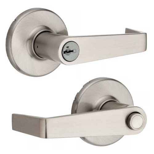 Kwikset Kingston Keyed Entry Lever Smartkey With Round Corner Adjustable Latch And 83031 Round Corner Full Lip Strike 3 Hour Ul, Satin Nickel