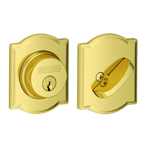 Schlage Residential B60 Deadbolt With Camelot Trim Single Cylinder, Dual Option Latch, Adjustable Backset, 1-1/8" X 2-3/4" Round Corner Strike, Decorative, Bright Polished Brass