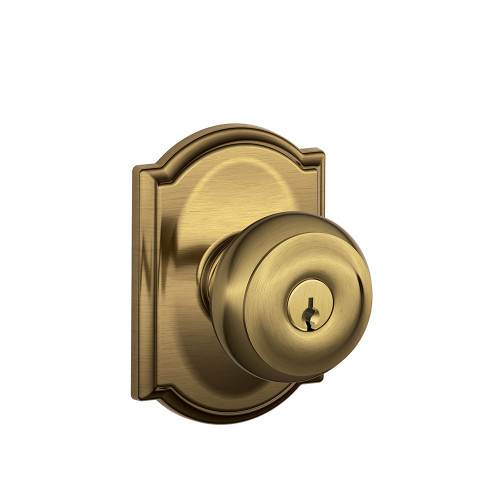 Schlage Residential F51A Georgian Keyed Entry Knob Lock With Camelot Trim Function, Antique, Decorative, Satin Brass Blackened
