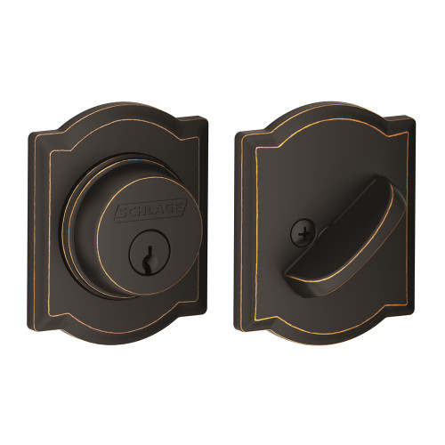 Schlage Residential B60 Deadbolt With Camelot Trim Single Cylinder, Dual Option Latch, Adjustable Backset, 1-1/8" X 2-3/4" Round Corner Strike, Decorative, Aged Bronze