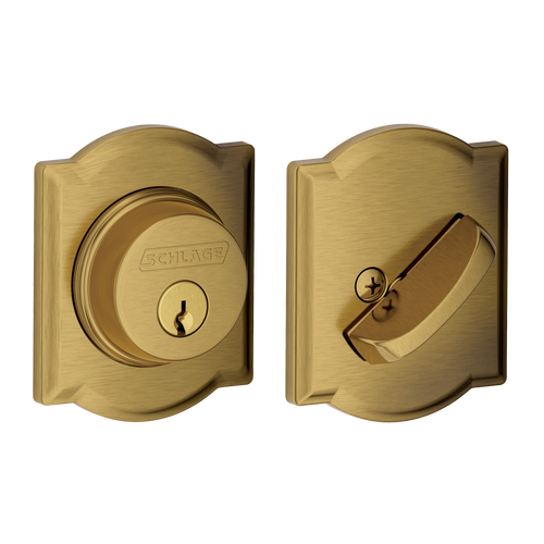 Schlage Residential B60 Deadbolt With Camelot Trim Single Cylinder, Dual Option Latch, Adjustable Backset, 1-1/8" X 2-3/4" Round Corner Strike, Antique, Decorative, Satin Brass Blackened