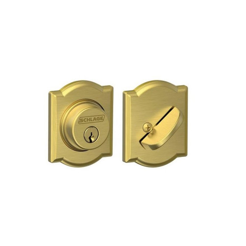 Schlage Residential B60 Deadbolt With Camelot Trim Single Cylinder, Dual Option Latch, Adjustable Backset, 1-1/8" X 2-3/4" Round Corner Strike, Decorative, Satin Brass