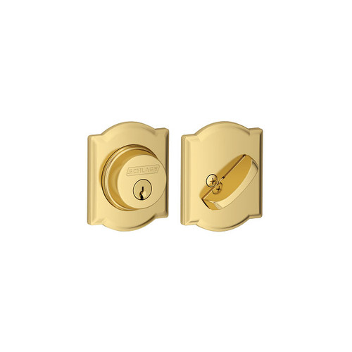 Schlage Residential B60 Deadbolt With Camelot Trim Single Cylinder, Dual Option Latch, Adjustable Backset, 1-1/8" X 2-3/4" Round Corner Strike, Lifetime, Decorative, Bright Brass