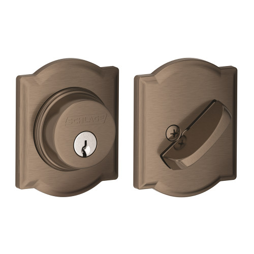 Schlage Residential B60 Deadbolt With Camelot Trim Single Cylinder, Dual Option Latch, Adjustable Backset, 1-1/8" X 2-3/4" Round Corner Strike, Antique, Decorative, Satin Nickel Blackened