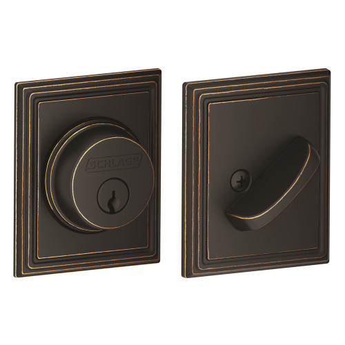 Schlage Residential B60 Deadbolt With Addison Trim Single Cylinder, Dual Option Latch, Adjustable Backset, 1-1/8" X 2-3/4" Round Corner Strike, Decorative, Aged Bronze