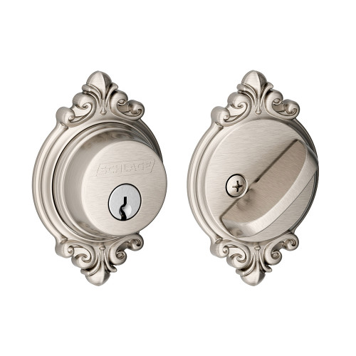 Schlage Residential B60 Deadbolt With Brookshire Trim Single Cylinder, Dual Option Latch, Adjustable Backset, 1-1/8" X 2-3/4" Round Corner Strike, Decorative, Satin Nickel