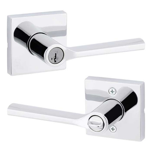 Kwikset Lisbon Keyed Entry Lever Smartkey, Square Rose With 6-Way Adjustable Latch And Round Corner Strike, Bright Polished Chrome