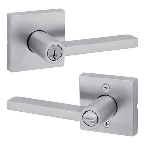 Kwikset Halifax Keyed Entry Lever Smartkey, Square Rose With 6-Way Adjustable Latch And Round Corner Strike, Satin Chrome