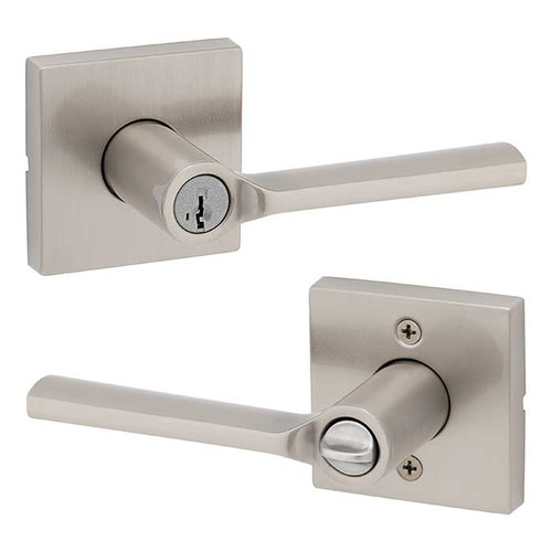 Kwikset Lisbon Keyed Entry Lever Smartkey, Square Rose With 6-Way Adjustable Latch And Round Corner Strike, Satin Nickel