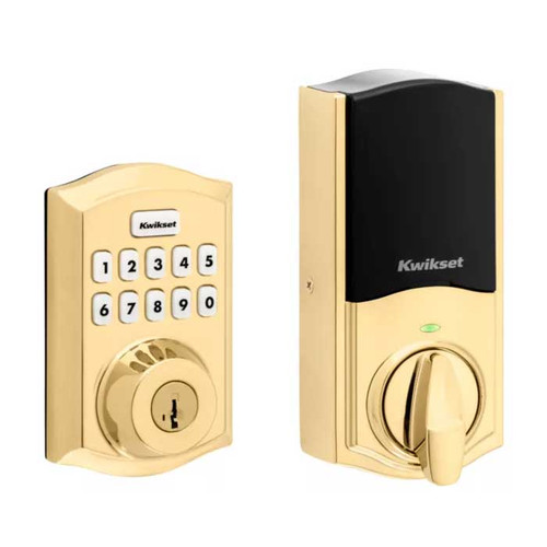 Kwikset Traditional Push Button Electronic Deadbolt Smartkey With Home Connect, Z-Wave Wireless Protocol, Smartkey, Round Corner Adjustable 20 Minute Ul Latch, Round Corner Strike, Lifetime Polished Brass