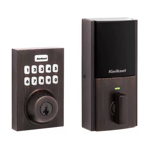 Kwikset Contemporary Push Button Electronic Deadbolt Smartkey With Home Connect, Z-Wave Wireless Protocol, Smartkey, Round Corner Adjustable 20 Minute Ul Latch, Round Corner Strike, Venetian Bronze