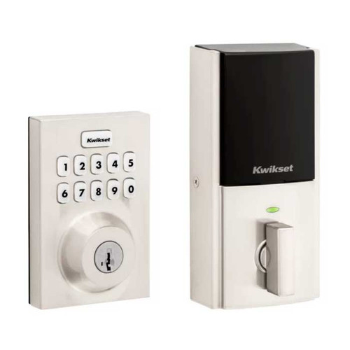 Kwikset Contemporary Push Button Electronic Deadbolt Smartkey With Home Connect, Z-Wave Wireless Protocol, Smartkey, Round Corner Adjustable 20 Minute Ul Latch, Round Corner Strike, Satin Nickel Kwikset Contemporary Push Button Electronic Deadbolt Smartkey With Home Connect, Z-Wave Wireless Protocol, Smartkey, Round Corner Adjustable 20 Minute Ul Latch, Round Corner Strike, Satin Nickel