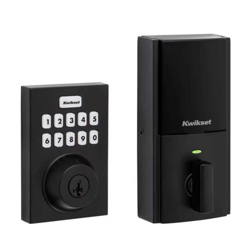 Kwikset Contemporary Push Button Electronic Deadbolt Smartkey With Home Connect, Z-Wave Wireless Protocol, Smartkey, Round Corner Adjustable 20 Minute Ul Latch, Round Corner Strike, Matte Black-HC620-CNT-ZW700LR-514-SMT-RCALFD-RCS