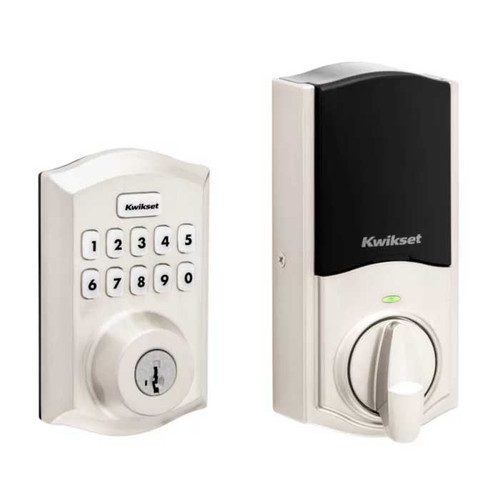 Kwikset Traditional Push Button Electronic Deadbolt Smartkey With Home Connect, Z-Wave Wireless Protocol, Smartkey, Round Corner Adjustable 20 Minute Ul Latch, Round Corner Strike, Satin Nickel-HC620-TRL-ZW700LR-15-SMT-RCALFD-RCS