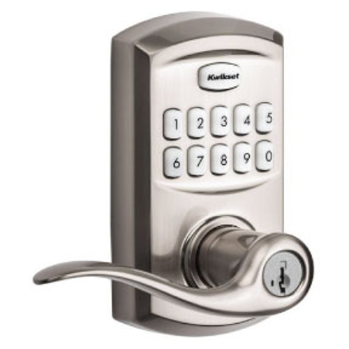 Kwikset Smartcode 917 Touchpad Electronic Lever Smartkey With Round Corner Adjustable 20 Minute Ul Latch And Round Corner Strike, Satin Nickel