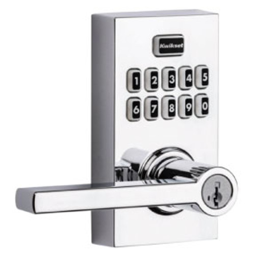 Kwikset Smartcode 917 Touchpad Electronic Lever Smartkey With Round Corner Adjustable 20 Minute Ul Latch And Round Corner Strike, Bright Polished Chrome