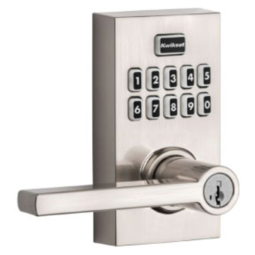 Kwikset Smartcode 917 Touchpad Electronic Lever Smartkey With Round Corner Adjustable 20 Minute Ul Latch And Round Corner Strike, Satin Nickel-917-HFL-15-SMT-CP-RCALFD