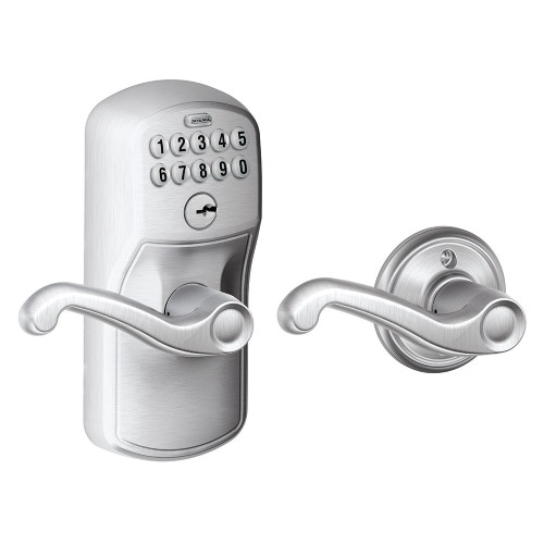 Schlage Residential Fe575 Keypad Lever With Plymouth Trim And Flair Lever With Auto Lock Style, Satin Chrome