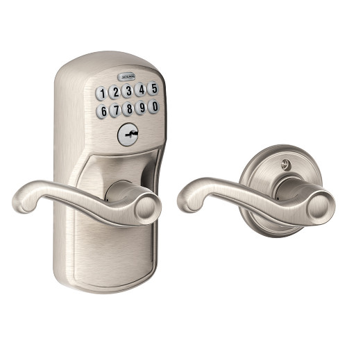 Schlage Residential Fe575 Keypad Lever With Plymouth Trim And Flair Lever With Auto Lock Style, Satin Nickel Schlage Residential Fe575 Keypad Lever With Plymouth Trim And Flair Lever With Auto Lock Style, Satin Nickel