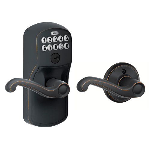 Schlage Residential Fe575 Keypad Lever With Plymouth Trim And Flair Lever With Auto Lock Style, Aged Bronze
