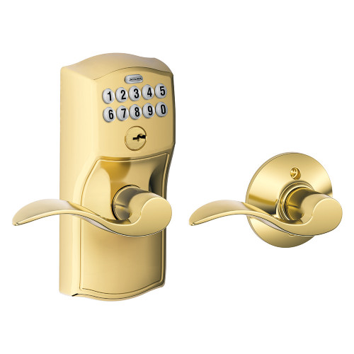 Schlage Residential FE575 Keypad Lever With Camelot Trim And Accent Lever With Auto Lock Style, Lifetime Bright Brass