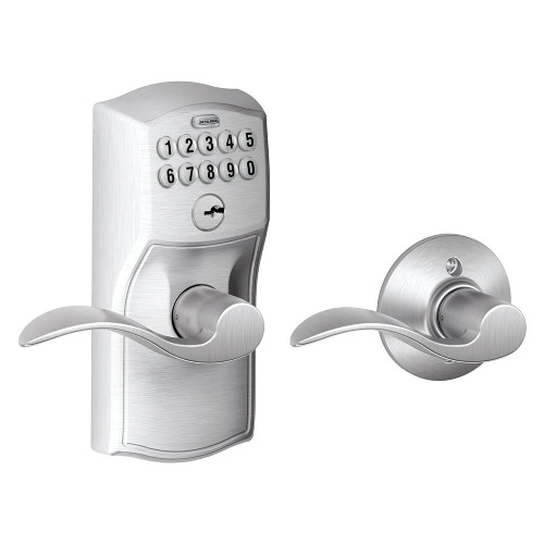 Schlage Residential Fe575 Keypad Lever With Camelot Trim And Accent Lever With Auto Lock Style, Satin Chrome Schlage Residential Fe575 Keypad Lever With Camelot Trim And Accent Lever With Auto Lock Style, Satin Chrome