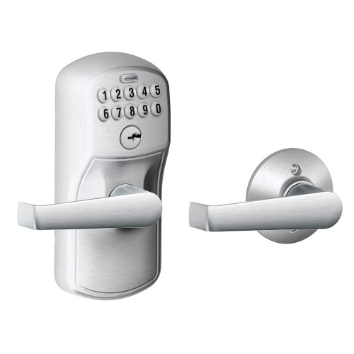 Schlage Residential Fe575 Keypad Lever With Plymouth Trim And Elan Lever With Auto Lock Style, Satin Chrome Schlage Residential Fe575 Keypad Lever With Plymouth Trim And Elan Lever With Auto Lock Style, Satin Chrome